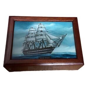 Vintage Decorative Wood Glass Top Amerigo Vespucci Trinket Jewelry Box -6x4.5x2”